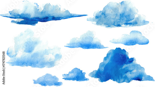 
Watercolor blue clouds, a simple clip art set on a white background, no shadows, high definition.