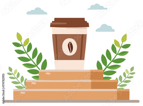 Takeaway coffee cup with bean icon on a natural podium surrounded by green leaves and clouds