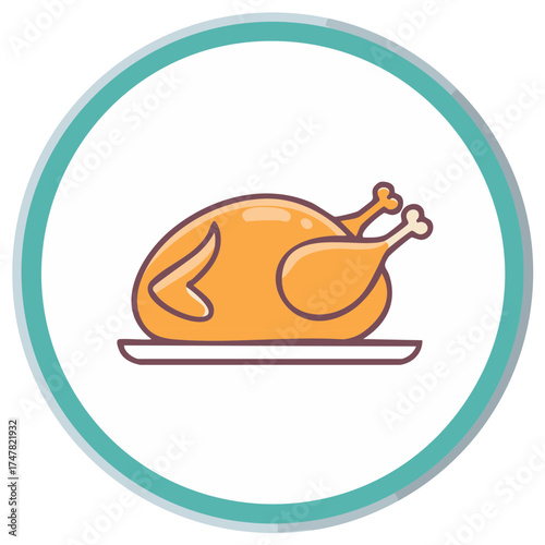 Illustration of Golden Roast Chicken Dinner on a Platter with Teal Circle