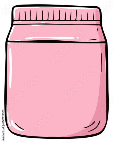 Pink food jar illustration with cap, preserve container, packaging design, kitchen supplies, storage solutions