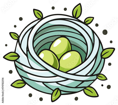 Bird's nest with three green eggs and surrounding leaves and dots
