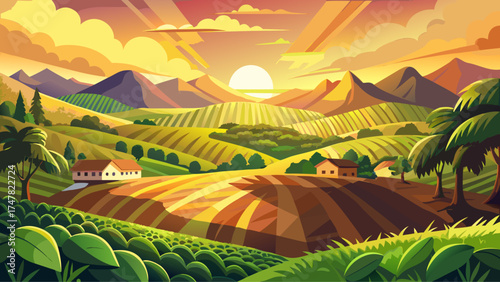 very beautiful Sunrise illuminates rich coffee plantation. Rolling hills, golden light, peaceful atmosphere, ideal for travel, tourism, harvest, farming. Central American landscape, idyllic rural scen