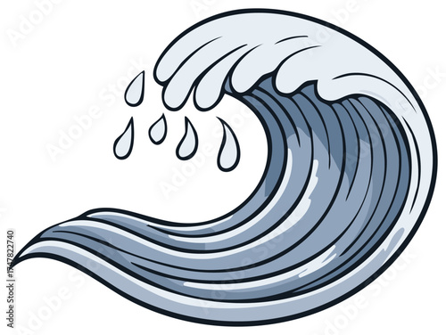 Stylized illustration of a large curling ocean wave with splashing water drops