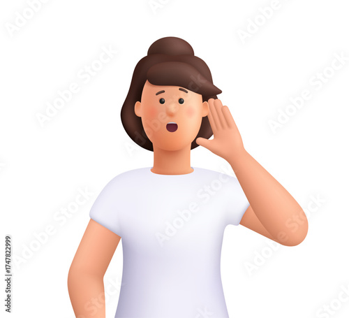 Young smiling woman Jane listening and holding her hand near her ear. Attention, hearing, curiosity, communication, conversation and news concept. 3d vector people character. Cartoon minimal style.