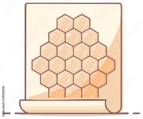 Honeycomb Patterned Design Illustration on a Rolled Document Sheet, Featuring Hexagonal Shapes and Natural Bee Hive Elements