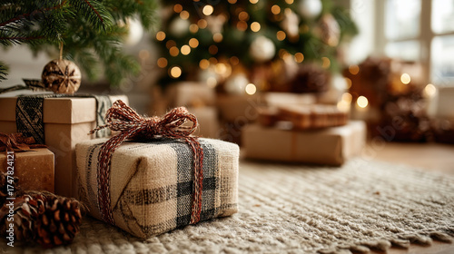 Cozy Christmas scene with wrapped gifts under decorated tree, featuring warm lights and rustic ornaments