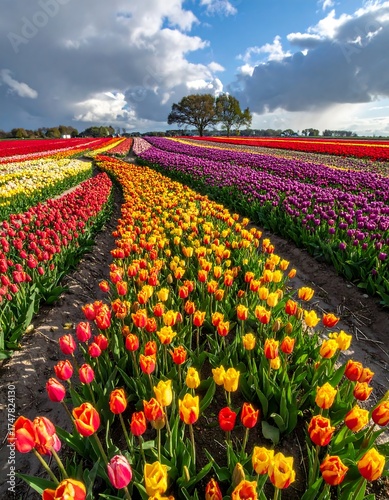 Vibrant tulip field with colorful rows stretching towards a solitary tree