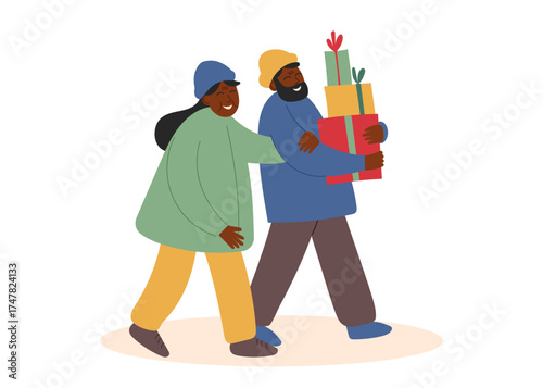 Happy seniors carries Christmas gift boxes. The concept of celebrating Christmas and other holidays. Vector flat clipart.