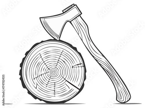 Woodcutting Axe Resting on a Tree Stump Concept Illustration, Black and White