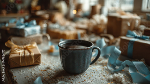 Cozy scene with coffee cup on table surrounded by wrapped gifts and blue ribbons, creating warm festive atmosphere