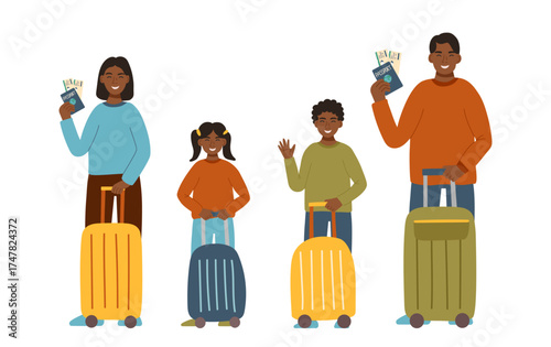 Family with suitcases cliparts isolated on white. People holding passports and tickets. Concept of travel, vacation, family trip. Vector flat cliparts.
