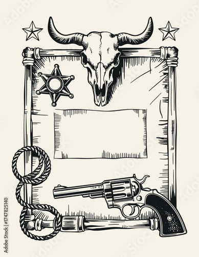 Vintage Wild West Poster Frame with Bull Skull and Revolvers, Hand-Drawn Sketch in Rustic Monochrome Engraving Style, Detailed Vector Line Art
