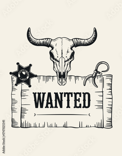 Vintage Wild West Poster Frame with Bull Skull and Revolvers, Hand-Drawn Sketch in Rustic Monochrome Engraving Style, Detailed Vector Line Art