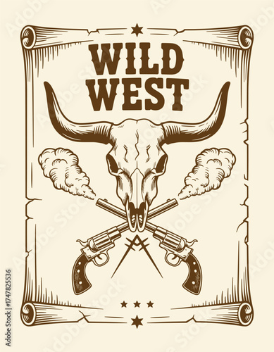 Vintage Wild West Poster Frame with Bull Skull and Revolvers, Hand-Drawn Sketch in Rustic Monochrome Engraving Style, Detailed Vector Line Art
