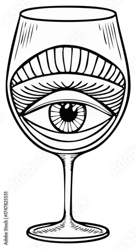 Mystical wine glass with a surreal all-seeing eye symbol illustration
