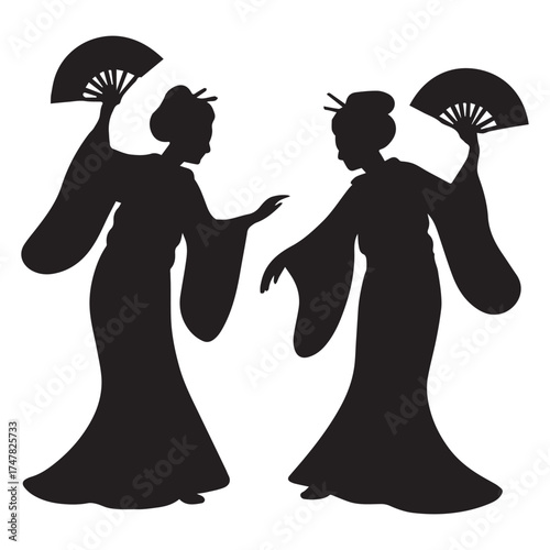 Two silhouettes of japanese geisha women dancing with fans on a white background