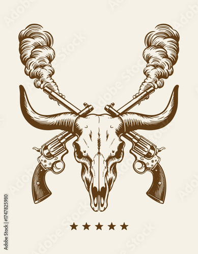 Vintage Wild West Poster Frame with Bull Skull and Revolvers, Hand-Drawn Sketch in Rustic Monochrome Engraving Style, Detailed Vector Line Art