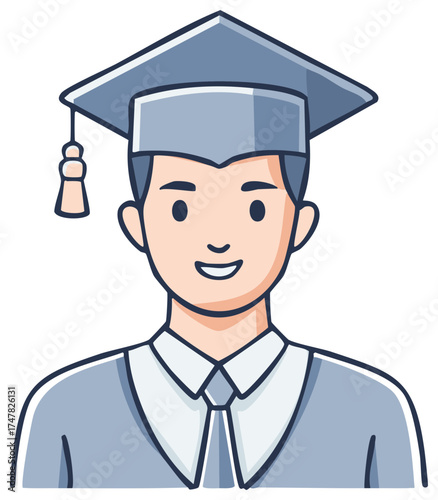 Smiling graduate wearing mortarboard and tie illustration, ready for commencement, perfect for graduation announcements