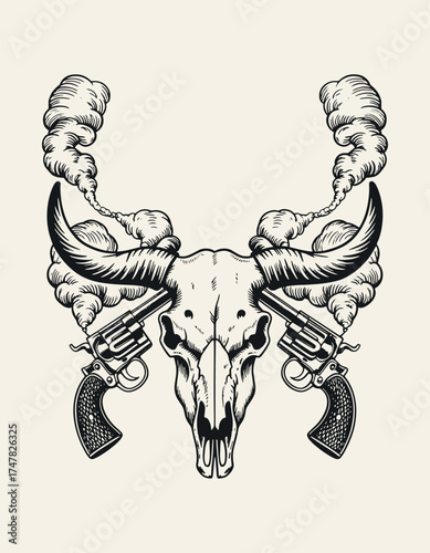 Vintage Wild West Poster Frame with Bull Skull and Revolvers, Hand-Drawn Sketch in Rustic Monochrome Engraving Style, Detailed Vector Line Art