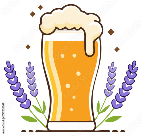 Craft Beer Pint with Lavender Illustration Refreshing Beverage and Flower Design
