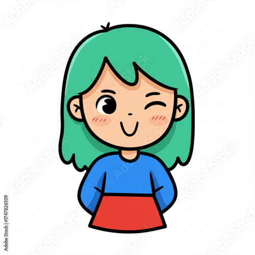 Vector art of cute cartoon girl with green hair winking