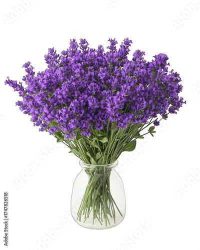 Lavender flowers in a clear glass vase, set against a black background