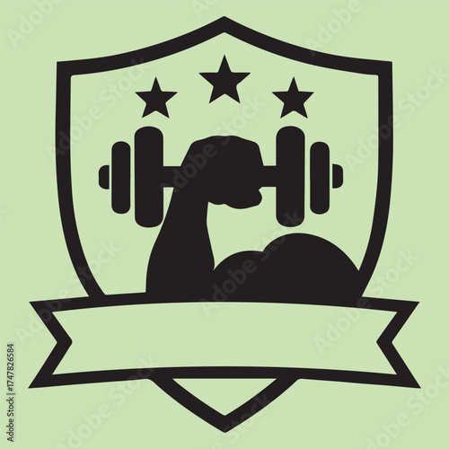 Silhouette of a muscular arm lifting a dumbbell inside a shield with stars and a banner for text
