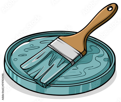 Paintbrush dipped in blue paint, inside a paint tray, cartoon illustration
