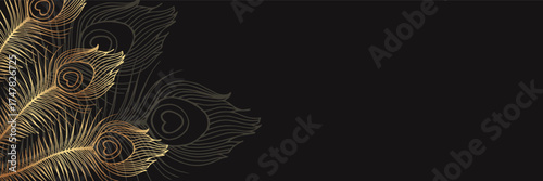 Golden peacock feathers on a black background. Modern luxury banner or template for business or presentation or greeting.