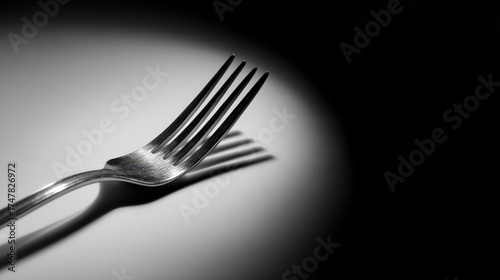 Food insecurity symbolized by a solitary metal fork casting a sharp shadow on a smooth surface, highlighting themes of emptiness, access, and the absence of nourishment.
