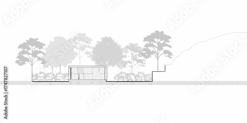 Modern minimalist glass house nestled amongst lush trees and natural landscape with terraced steps
