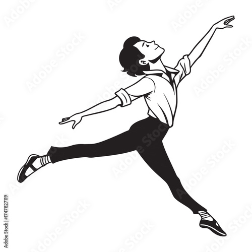 Dynamic sketch of a male ballet dancer in mid leap with arms outstretched and legs extended