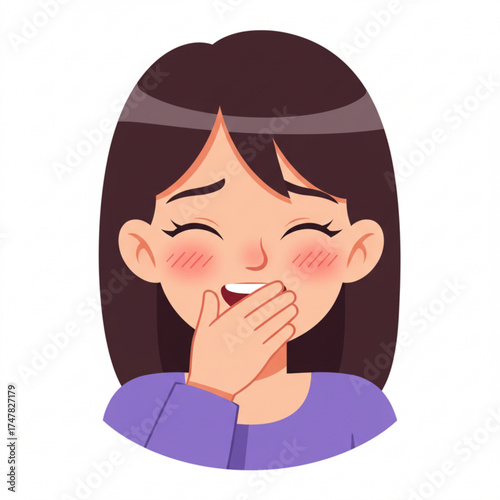 Vector art of young woman covering her mouth with hand, blushing and laughing