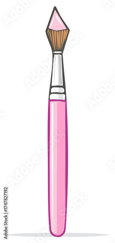 Stylized illustration of a pink paintbrush with a pointed tip dipped in pastel pink paint