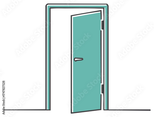 Stylized interior teal door slightly open against white wall showing threshold with simplistic dark outline and neutral fill