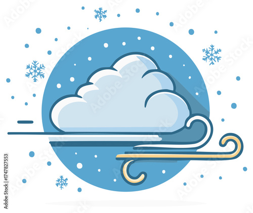 Cartoon illustration of a cloudy winter weather scene, with snowflakes and wind, in blue circle.