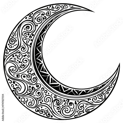 Ornate crescent moon with intricate filigree and swirl patterns. Black and white decorative celestial tattoo design.