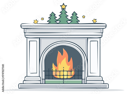 Festive fireplace decorated with Christmas trees, gold stars, and a crackling fire burning inside.
