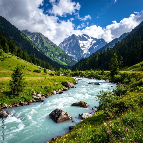 Vivid shot of a glacial river winding through a vibrant mountain valley