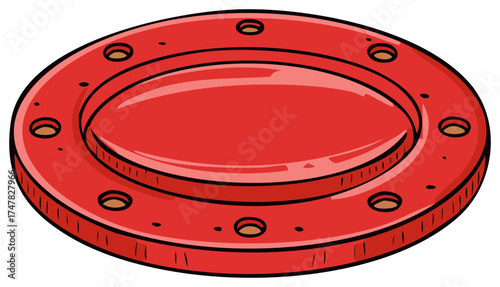 Cartoon illustration of a red industrial pipe flange with bolt holes for connecting equipment