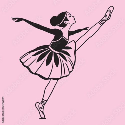 Elegant ballerina in a black tutu performing a graceful split on a pink background