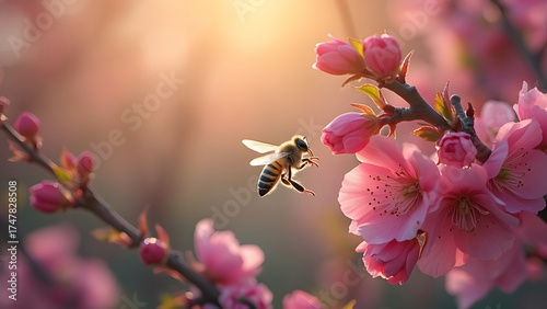 Honeybee in Flight Near Pink Blossoms Springtime Nature Scene