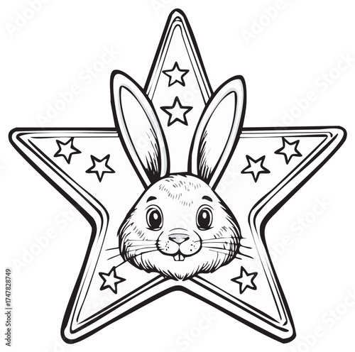 Cute cartoon rabbit head inside a cheerful star shape with small stars a whimsical outline illustration