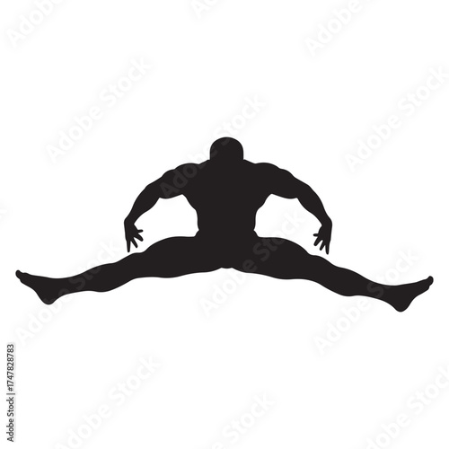 Silhouette of a muscular man in a wide straddle split pose with arms extended