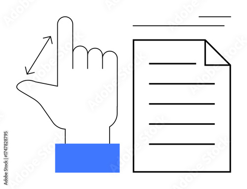 Hand making upward swipe gesture with arrows, next to a partially folded document. Ideal for UI design, technology, navigation, instruction, education, data access, simple flat metaphor