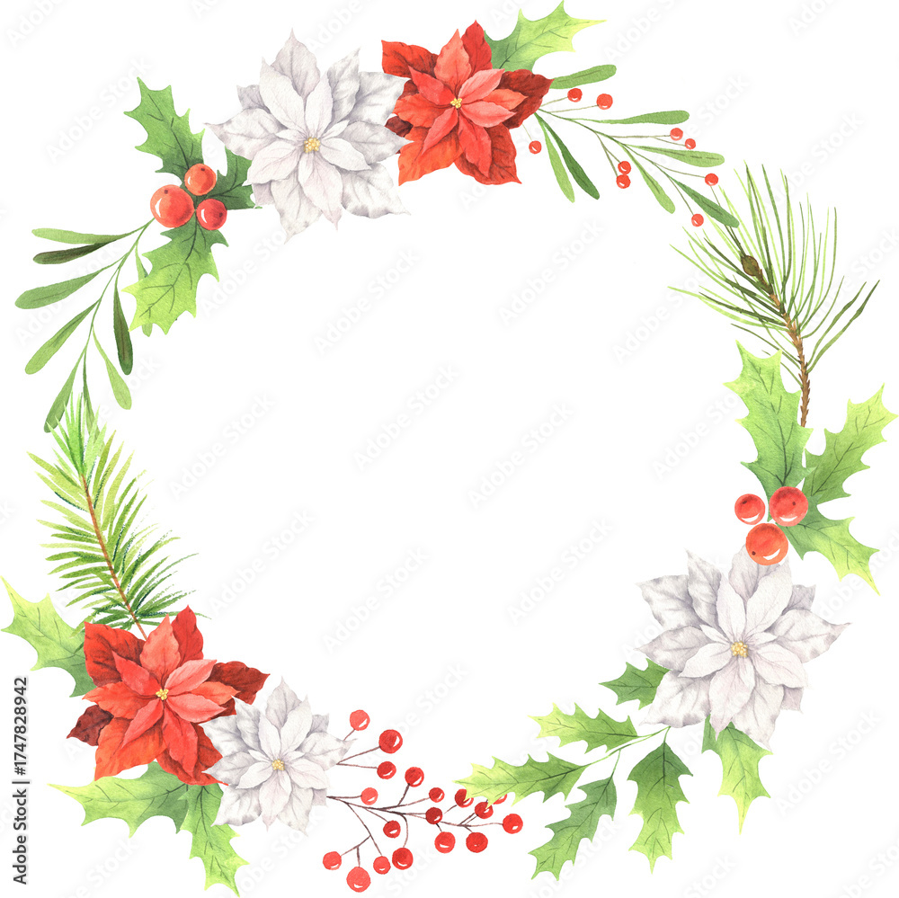 Fototapeta premium Watercolor Classic Christmas frame with winter poinsettia flowers, cranberries, leaves and coniferous branch isolated
