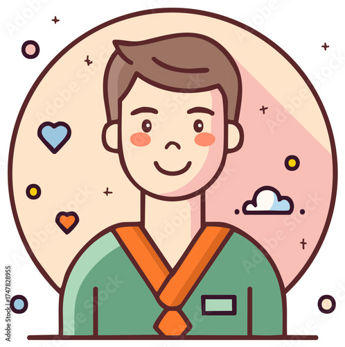 Happy young man cartoon portrait in frame wearing scrubs, medical worker or doctor illustration