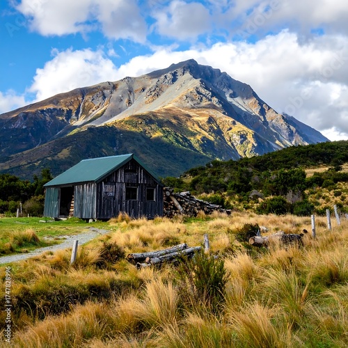 Weather-beaten cabin nestled at the base of a majestic, rocky mountain