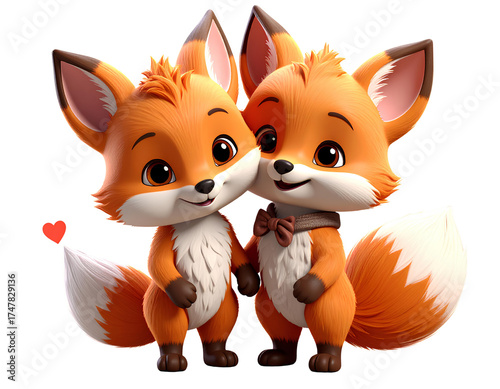 two cute fox couple having in love, 3D illustration on isolated background