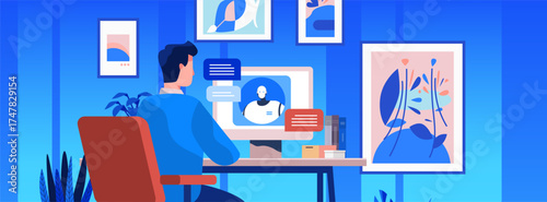 Man working remotely artificial intelligence chatbot virtual assistant modern home office computer desk blue abstract wall art plants books